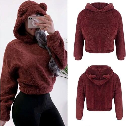 Women Hooded Plush Sweater Short Mini Sweater Long Sleeve Casual Tops -OPK