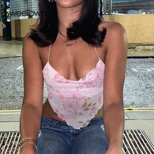 Sweetown 2000s Aesthetic Pink Cute Y2K Cami Top Women Flower Print Kawaii Clothes Sleeveless Backless Sexy Halter Tops Summer