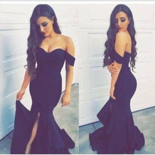 2020 Arabic Style Sexy High Slit Long Evening Dress Off Shoulder Mermaid Black Women Prom Party Dresses Cheap robe de soiree