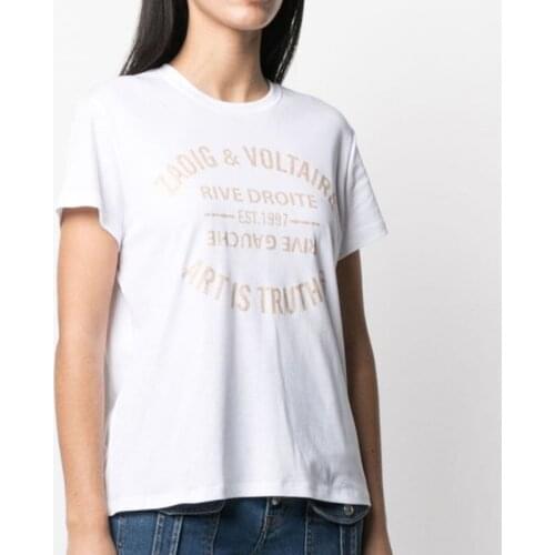 White Casual Letter Gilding Print Women Summer Cotton T-Shirt Female Short Sleeve Slim Loose Top Ladies Designed New Tees ML044