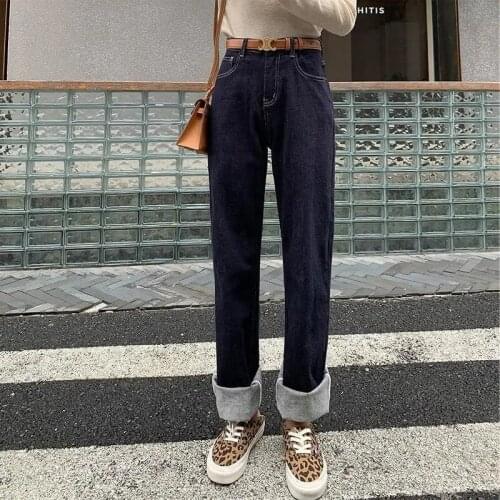 Spring Autumn Straight Denim Pants High Waist Women Streetwear Trousers Ladies Plus Velvet Resilience Vintage Dark Baggy Jeans