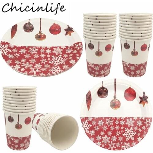 Chicinlife 10Pcs White Red Disposable Tableware Christmas Snowflake Paper Plates Cups New Year Eve Birthday Xmas Party Supplies
