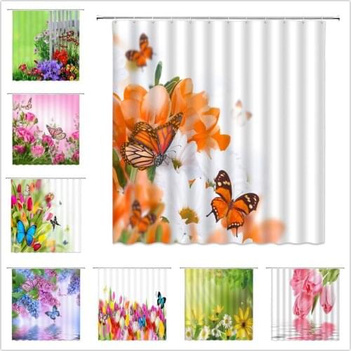 Flower Butterfly Shower Curtains Floral Plant Spring Scenery Home Bathroom Decor Waterproof Polyester Fabric Bathtub Curtain Set