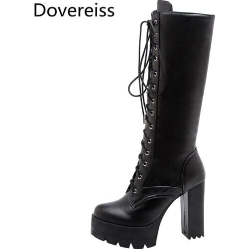 Dovereiss Fashion Womens Shoes Winter Round toe Sexy Elegant sexy Platform Concise white Block heels Mature Knee high boots 43