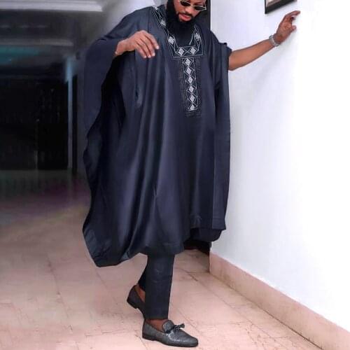 H&D 2021 African Mens Dashiki Agbada Robes Shirt Pants 3PCS Set Long Sleeve Tops Trouser Suit Shiny Stones Embroidery Outfits