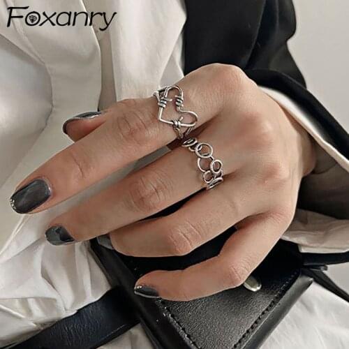 Foxanry 925 Sterling Silver LOVE Heart Rings Creative Simple Hollow Round Geometric Vintage Punk Party Jewelry Gifts for Women
