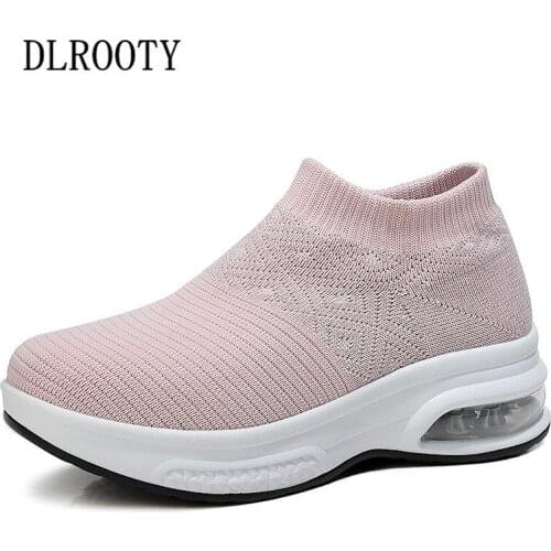 Women Flats Casual Shoes Sneakers Fashion Outdoor Breathable Height Increasing Platform Mesh Sock Round Toe Walk Air Cushion