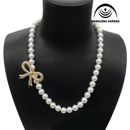 MADALENA SARARA 8-9mm AAA Freshwater Pearl Necklace White Pearl Necklace With AAAA Cubic Zirconia Pendant Sweater Necklace