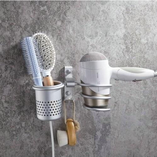 Hair Dryer Holder Wall Mounted Aluminum Spiral Hairdryer Storage Rack With Cup Basket Home Blower Organizer Bathroom Accessories