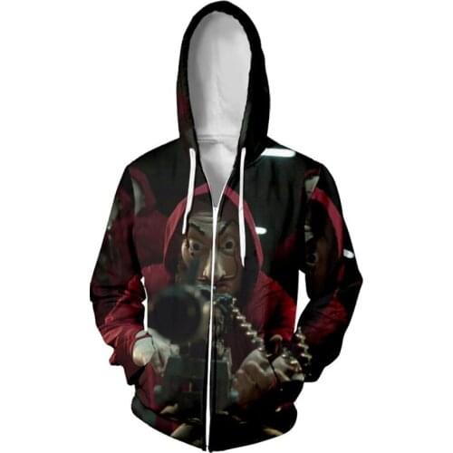 New Movie La Casa De Papel Cosplay Sweatshirt Zipper Hoodies Mens 3D Print La Casa De Papel Costume Casual Hooded Jacket Coat