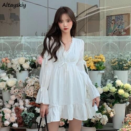 Solid Mini Dresses Women Ruffles Lace-up Flare Sleeves Japanese Style Kawaii Harajuku Slim Trendy Vestido Feminino Female Chic