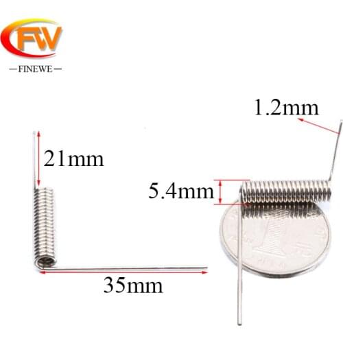 FINEWE 5pcs/lot 1.2mm spring steel wire torsion spring 5.4mm out diameter 35/21mm leg 21coils 90degree spring wholesale