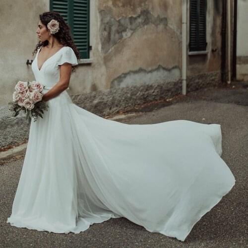 A Line V Neck Chiffon Wedding Dress Simple Beach Short Cap Sleeves Open Back Sash Bridal Gowns Plus Size Sweep Train Custom Made