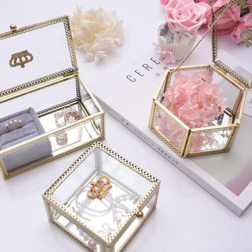 Golden Crown Glass Storage box Organizer Wedding Gift Box Glass Jewelry Crystal Gift Wedding Ring Box Holder