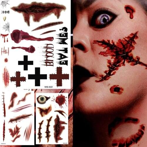 Halloween Tattoos Sticker Zombie Scars Fake Scar Bloody Scary Blood Injury Terror Wound Makeup Halloween Decoration Tatoo