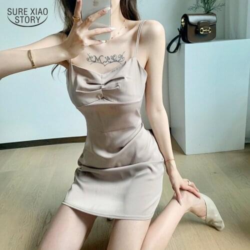 Party Evening A-Line Summer Dress Women Spaghetti Strap Sexy Mini Satin Dress Eleagnt Korean Pleated Short Dresses Vestido 15149