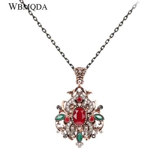 Wbmqda Ethnic Antique Gold Necklace Vintage Red Resin Crystal Necklaces & Pendants For Women Bohemian Jewelry Free Shipping