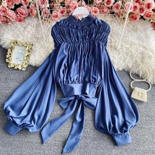 Womens Spring Autumn Runway Fashion Long Sleeve Elastic Bust Chiffon Shirt Female High Waist Casual Blouse Tees Tops TB1581