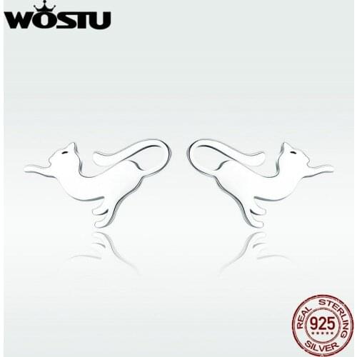 WOSTU 100% Real 925 Sterling Silver Cute Cat Stud Earrings Compatible with Jewelry Authentic Fashion Gift DXE366
