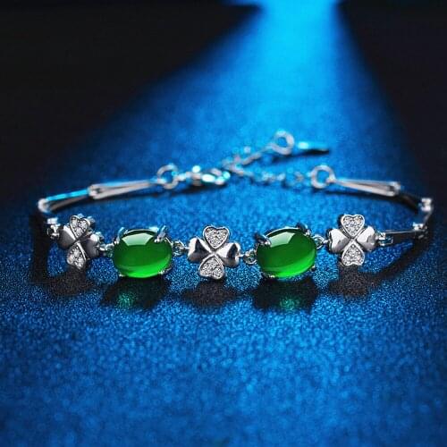 Fashion clover green jade emerald gemstones diamonds chain bracelets for women white gold silver color jewelry bijoux gifts new