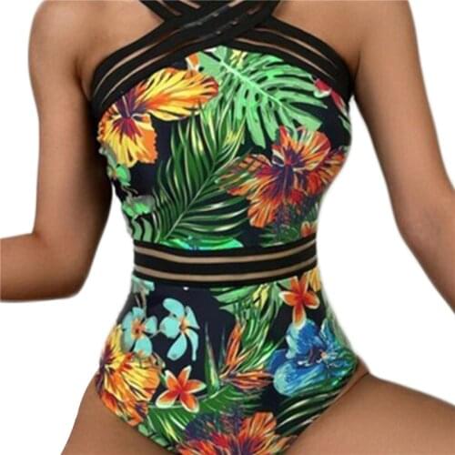 Women Padded One-Piece Swimwear Leaves Flower Printing Swimsuit For Women Classic Cross Neck High Waist Tight Romper Swim Suits