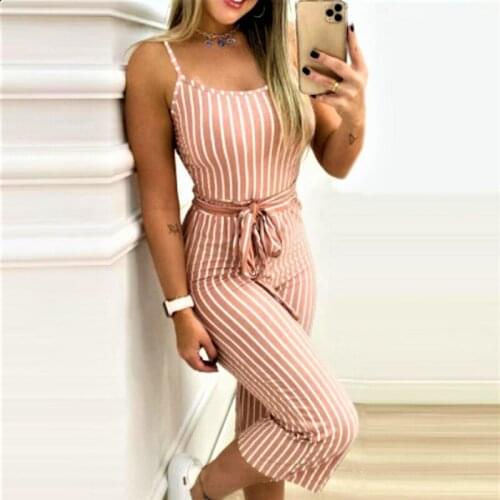 Striped Calf Length Womens Jumpsuits With Sashes Summer Halter Sleeveless Slim Suits Female 2021 Casual Fashion Office Lady Set