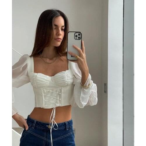 Puff Sleeve Top Long Sleeve Cropped Top 2021 Autumn Ladies Square Collar Elegant Top