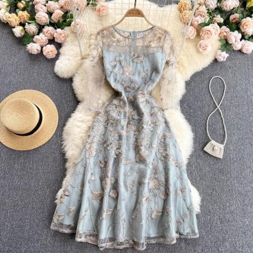 2021 Summer Womens Party Dress French Casual Style Round Neck Printed Embroidered Mesh Dress New Waist Female Dresses FC087