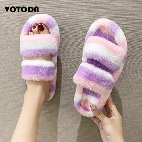 Winter Women Plush Slippers Home Slides Soft Furry Double Belt Slippers Warm Indoor Flat Flip Flop Leisure Non-Slip Female Shoes