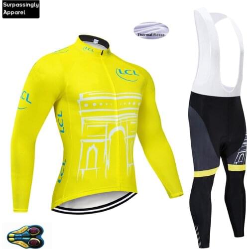 2019 Yellow TEAM Winter Thermal Fleece Cycling Jersey Bike Pants Set Mens Ropa Ciclismo 20D Gel Bicycling Maillot Culotte Wear