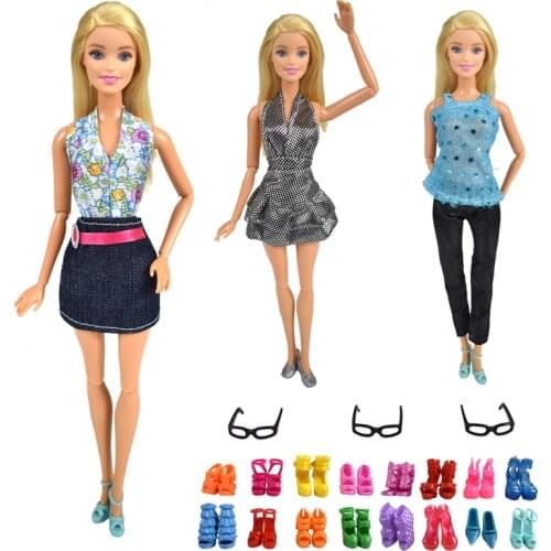 9 Item/Set Doll Accessories=3 Pcs Fashion Clothes Dress+ 3 Pcs Glasses + Random 3 Pairs Shoes for Doll Accessories Girl Toy Gift