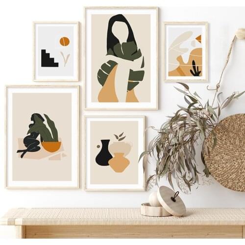 Abstract Bohemia Silhouette Natural Tropical Leaves Vase Canvas Painting Wall Art Pictures for Living Room Home Interior Decor