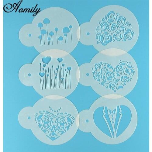 Aomily 6pcs/Set Valentines Day DIY Cake Stencils Airbrush Painting Art Molds Fondant Decorating Tools Coffee Espresso Stencils