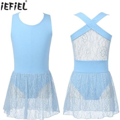 Kids Girls Pure Color Lace Dress Sleeveless Cross Back Ballet Dress Dance Gymnastics Leotard Dress Girls Performance Dancewear