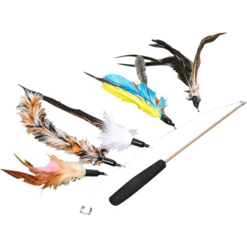 Pet Cat Feather Toy Teaser Stick Retractable Fishing Rod Cat Toy With 5 Replacement Feather Fish Interactive Cat Accessories