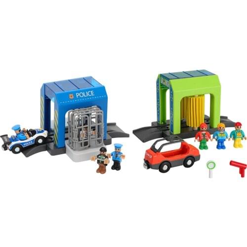 Simulation Plastic Toy Set Police Station Car Wash Room Urban Scene Safe Childrens Toy Set Compatible With Wooden Track