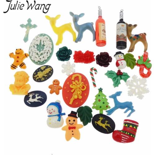 Julie Wang 30PCS Resin Christmas Cabochons Flatback Randomly Mix Tree Deer Snowflake Jewelry Making Accessory Phone Case Decor