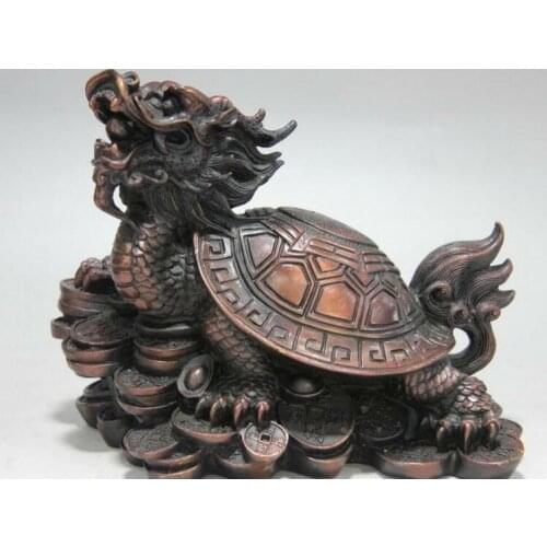 Chinese folk red bronze Copper Wealth Money Dragon Turtle god Beast Art Statue