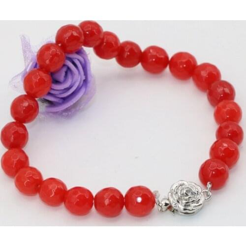 Red bracelets women semi-precious jades chalcedony stone faceted round 8mm beads gifts silver-color flower clasp 7.5inch B2707