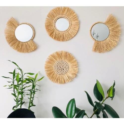 Round Straw Mirror Macrame Mirror Wall Boho Home Decor for Apartment Living Room Bedroom Baby Nursery Dorm