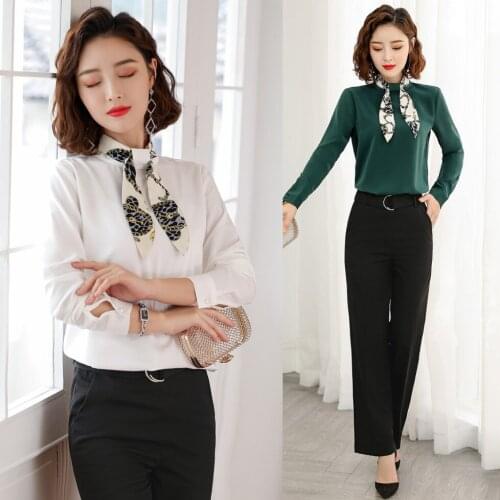 Fashion Women White Blouses & Shirts with Bow Tie Long Sleeve Ladies 2 Piece Pant and Top Sets