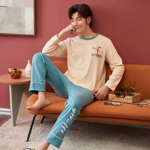 Mens Autumn and Winter Cotton Pajamas, Long-sleeved Printed Loose-fitting Boys' Plus Size Cotton Comfortable Home Service Suit