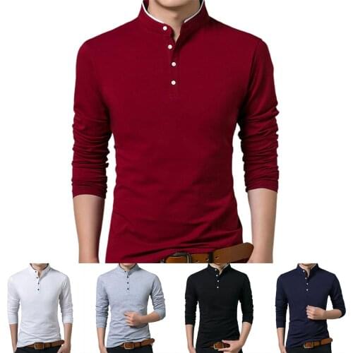 Men Autumn Solid Color Long Sleeve Stand Collar Base T-shirt Buttons Sweatshirt