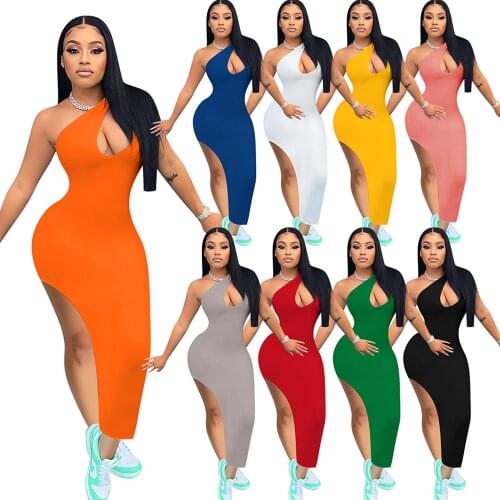 Inclined Shoulder Sexy Bandage Party Dress for Women Hollow Out Side High Split Skinny Dress Fashion Body-shaping Sundress New