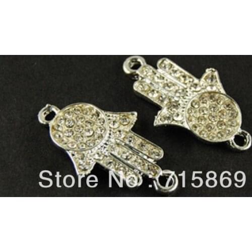 NEW !10 pcs 30x18mm Silver tone Cyrstal Fatima Hamsa Hand Bracelet Connector Free Ship