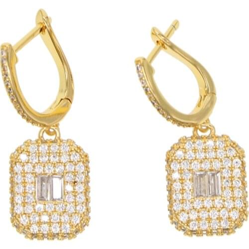 New Jewelry Light Plate Full CZ Hoop Earring For Women Shiny Rhinestone Dangle Square Earing For Girl Wedding Boho Hot Sale 2021