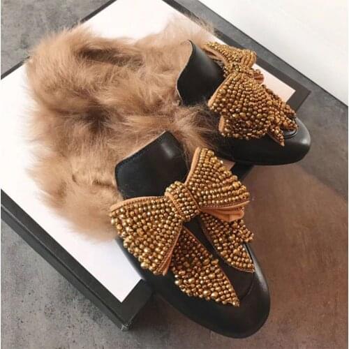 OLOMLB Women Real Leather Real Fur Backless Slipper Mule Slide Rhinestones Crystal Bowknot Princetown Shoes Warm Winter Sz 34-43