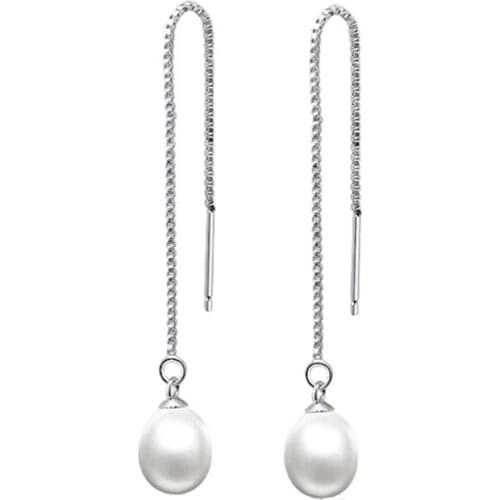 Sinya 925 Sterling silver dangle drop earring with 7.5mm AAAA grade freshwater pearl long chain jewelry tassel earring for women
