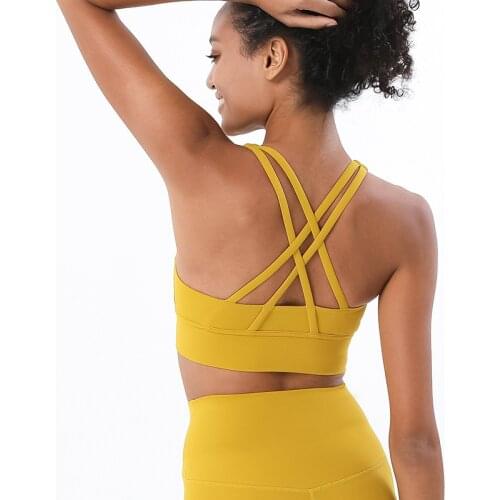 2021New Double-Sided Grinding Cross Shoulder Strap Sports Bra Shockproof Gathered Yoga Sports Bra Fitness Vest