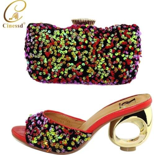 Leisure Style Italian Ladeis Shoes Matching Bag Decorate with Rhinestone Peep Toe African Ladies Shoes and Bag to Match in Red